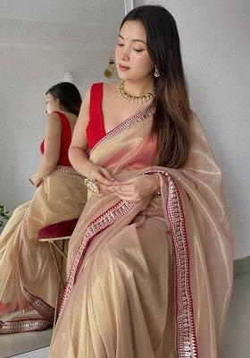 Gold Lace Border Organza Saree Set