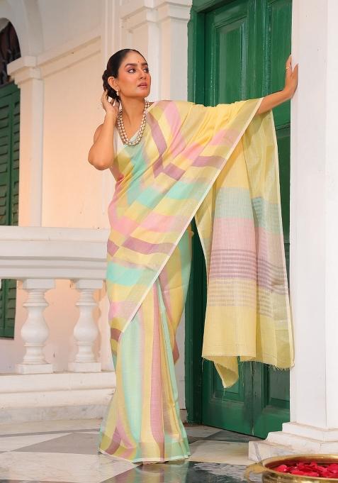 Multicolor Digital Print Cotton Linen Saree Set