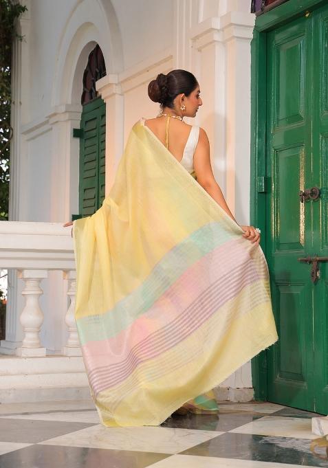 Multicolor Digital Print Cotton Linen Saree Set