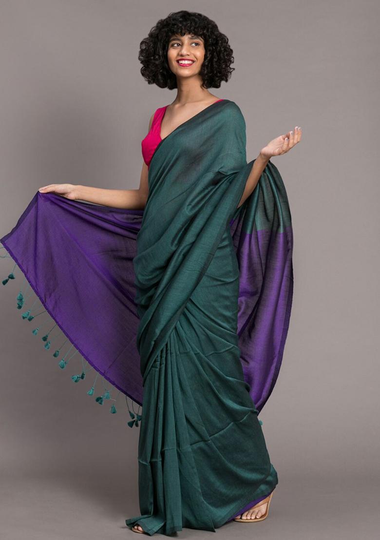 Dark Rama Green Weaving Khadi Cotton Saree Set