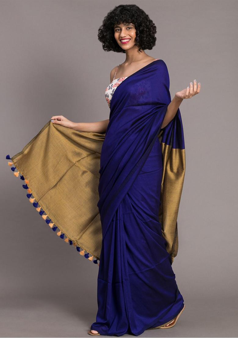 Blue Weaving Khadi Cotton Saree Set