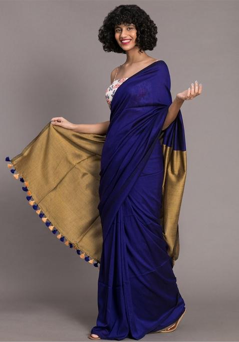 Blue Weaving Khadi Cotton Saree Set