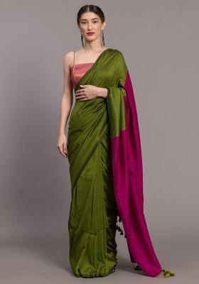 Green Weaving Khadi Cotton Saree Set