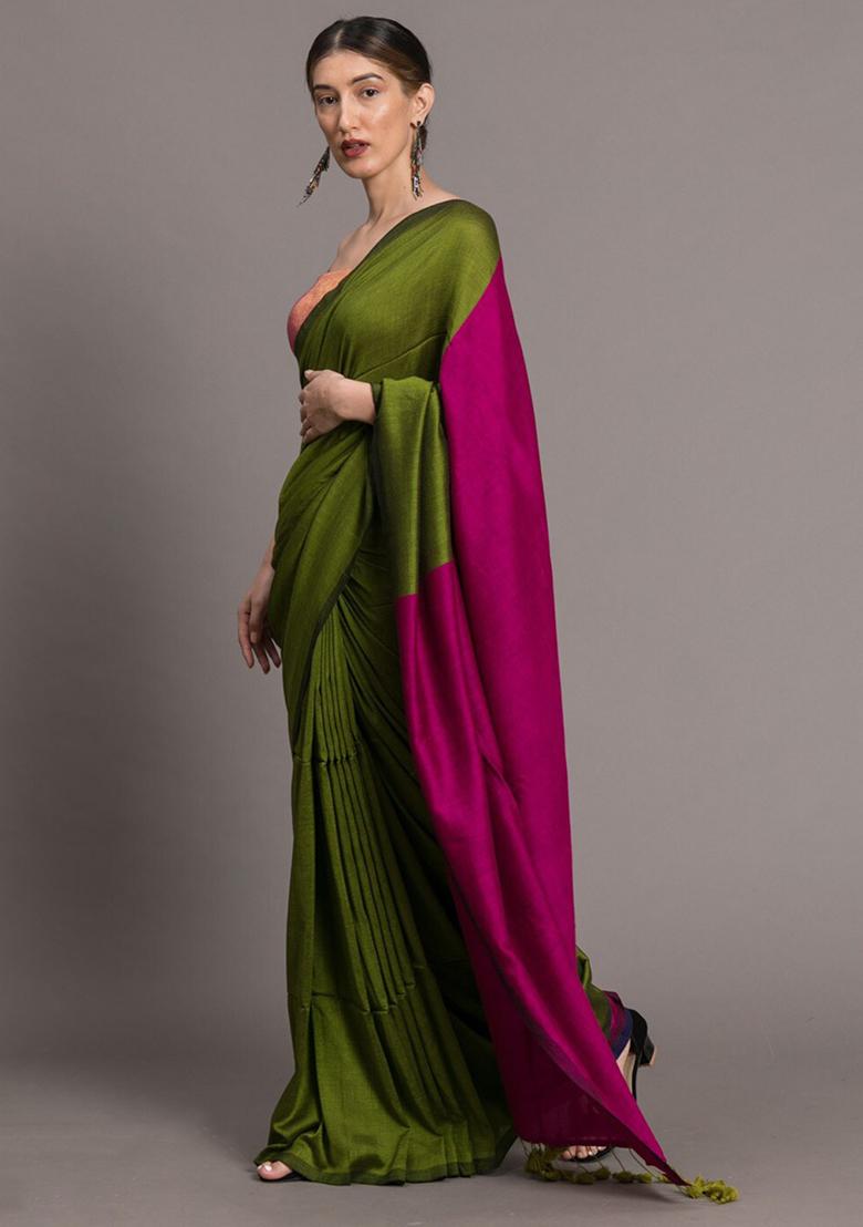 Green Weaving Khadi Cotton Saree Set