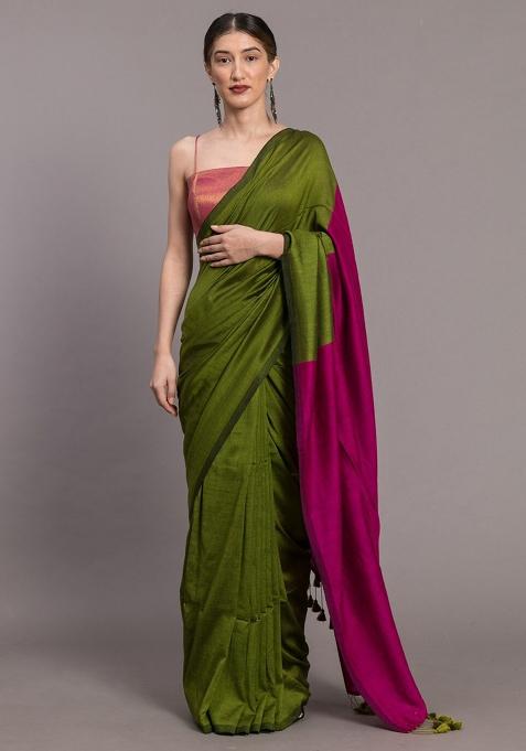 Green Weaving Khadi Cotton Saree Set