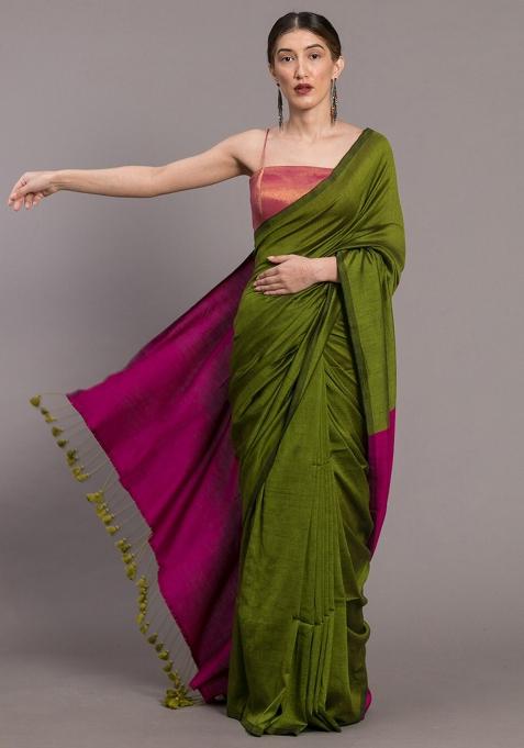 Green Weaving Khadi Cotton Saree Set