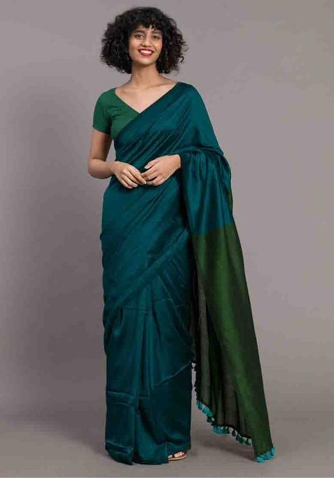 Blue Weaving Khadi Cotton Saree Set