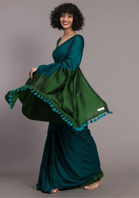 Blue Weaving Khadi Cotton Saree Set