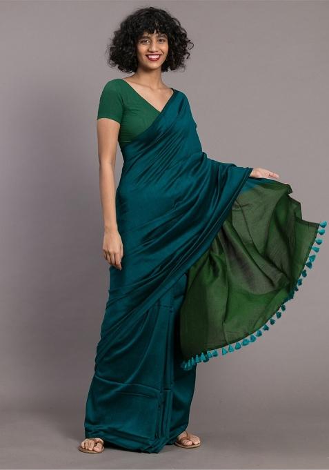 Blue Weaving Khadi Cotton Saree Set