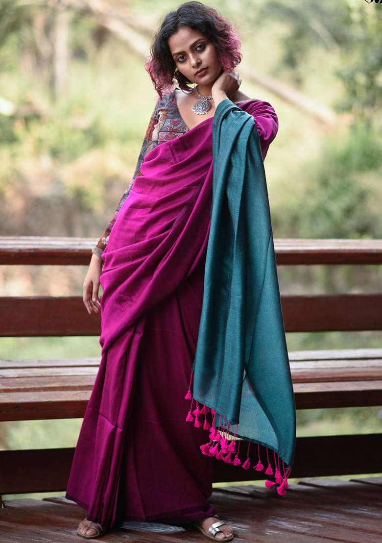 Pink Weaving Khadi Cotton Saree Set for Diwali | Wedding & Festive Wear - Indya