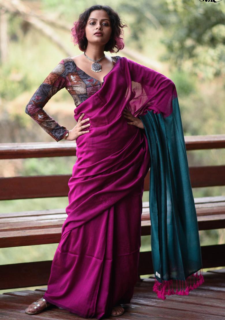 Pink Weaving Khadi Cotton Saree Set