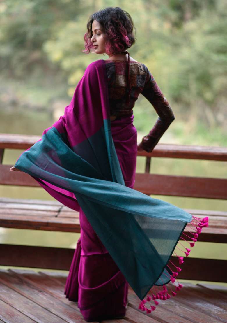 Pink Weaving Khadi Cotton Saree Set for Diwali | Wedding & Festive Wear - Indya