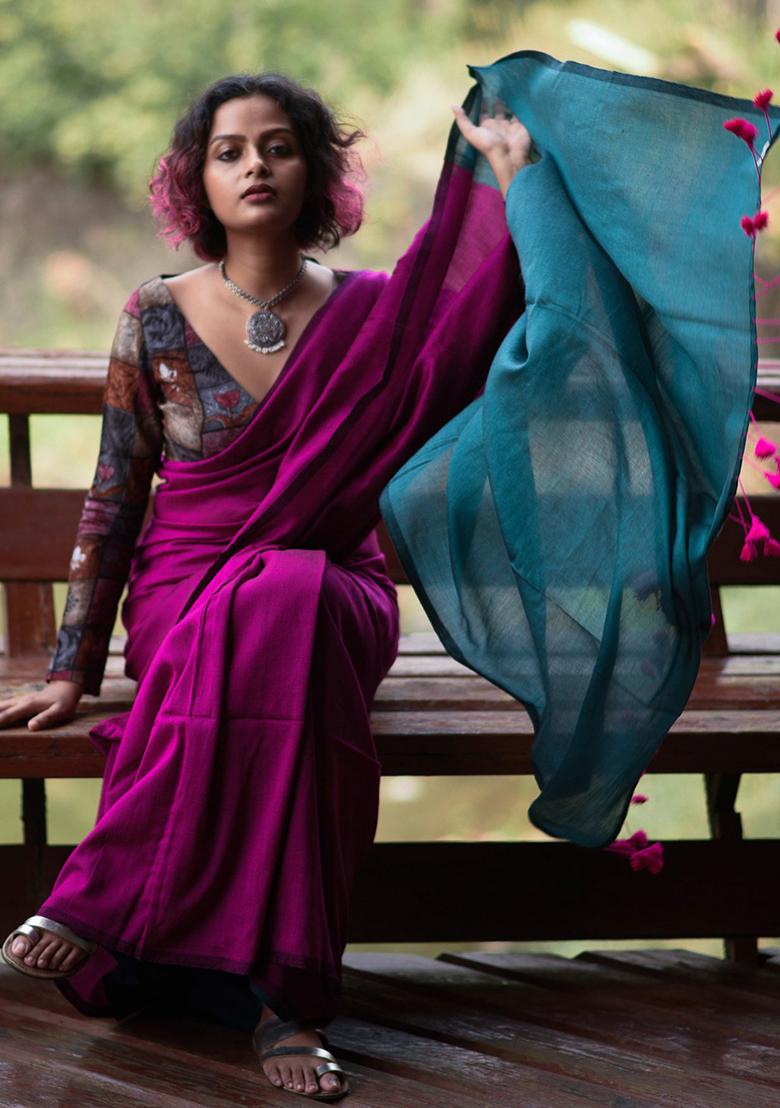 Pink Weaving Khadi Cotton Saree Set