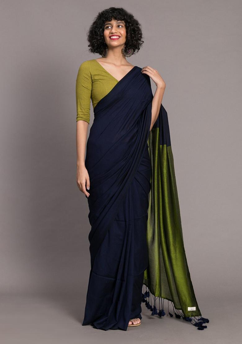 Blue Weaving Khadi Cotton Saree Set