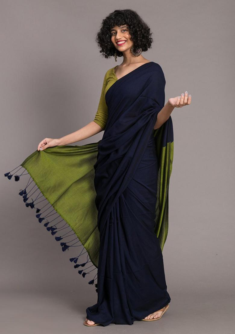 Blue Weaving Khadi Cotton Saree Set