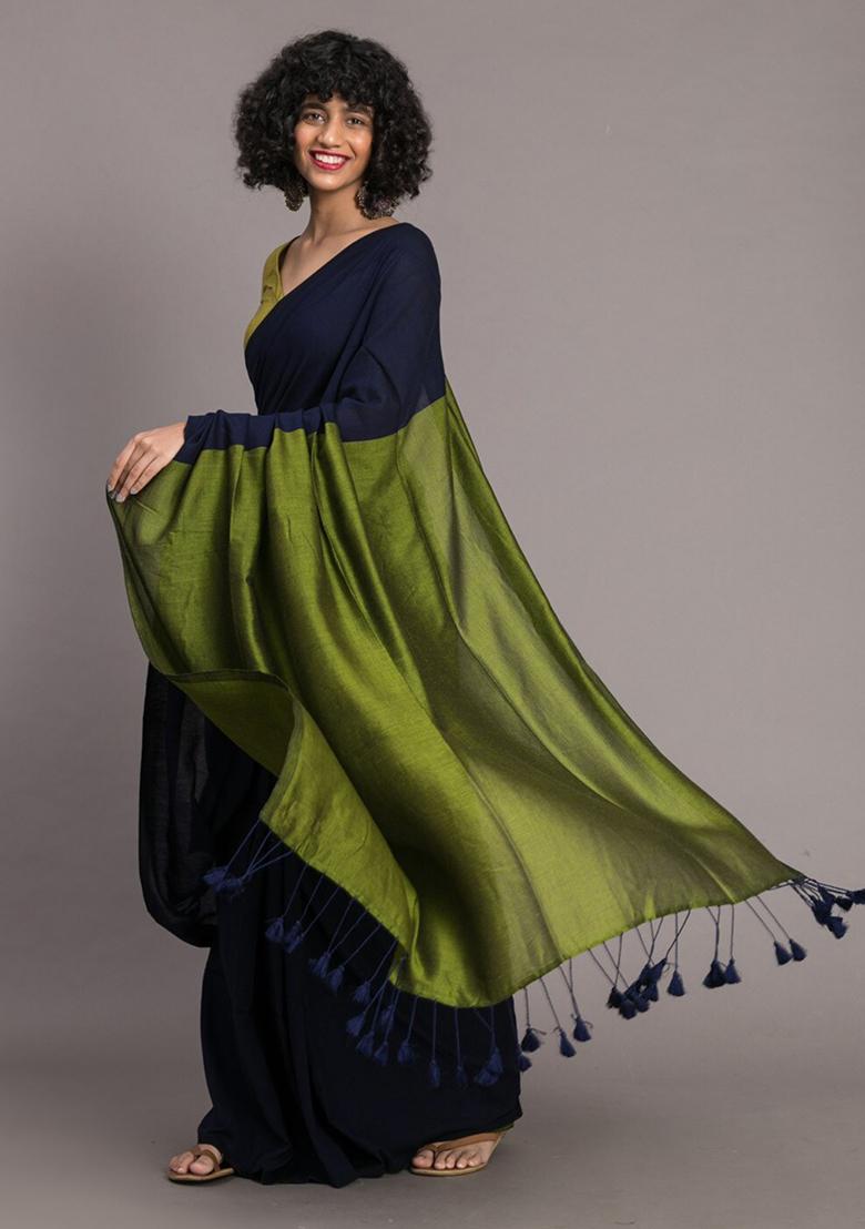 Blue Weaving Khadi Cotton Saree Set