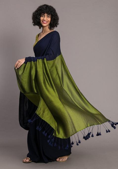 Blue Weaving Khadi Cotton Saree Set