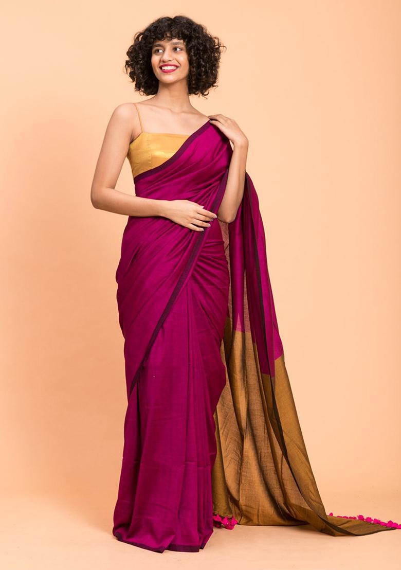 Magenta Weaving Khadi Cotton Saree Set