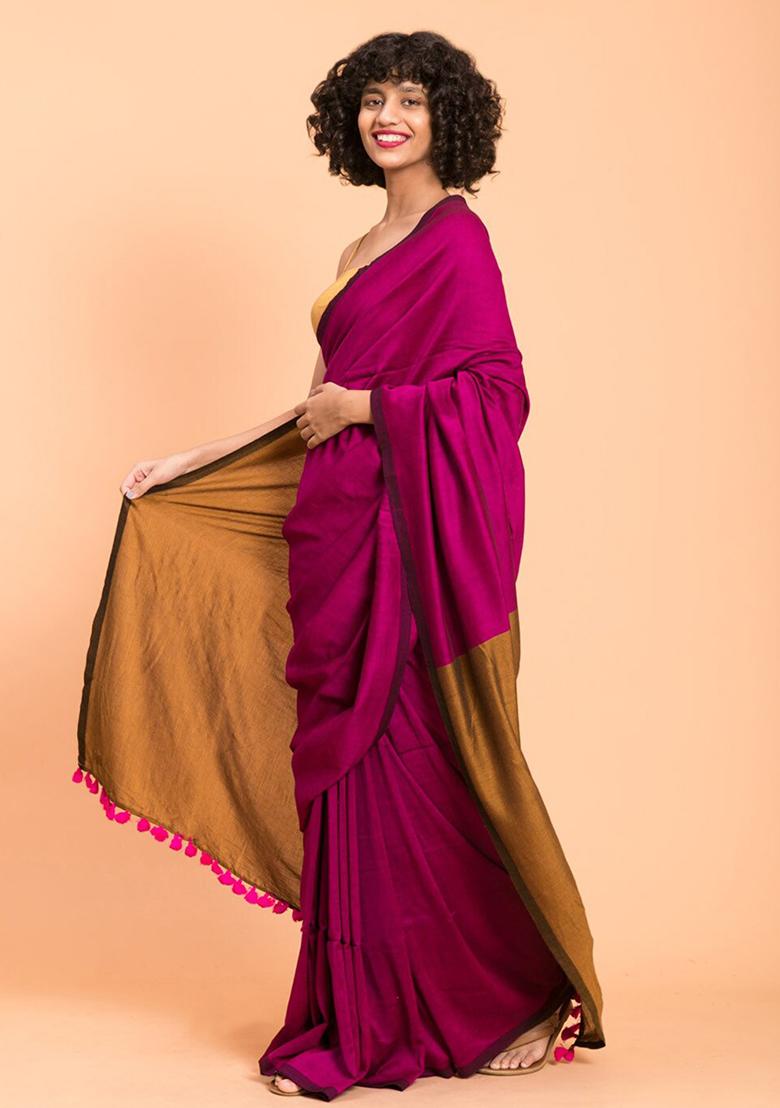 Magenta Weaving Khadi Cotton Saree Set
