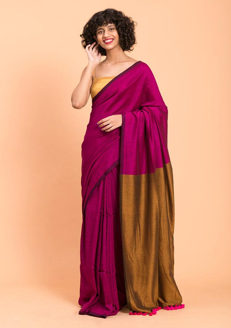 Magenta Weaving Khadi Cotton Saree Set