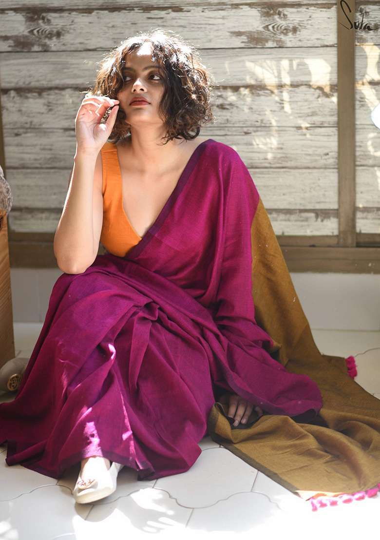 Pink Weaving Khadi Cotton Saree Set for Diwali | Wedding & Festive Wear - Indya