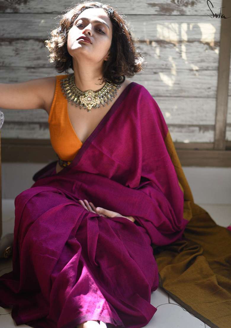 Pink Weaving Khadi Cotton Saree Set for Diwali | Wedding & Festive Wear - Indya