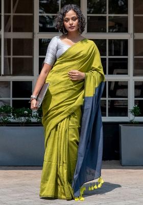Green Weaving Khadi Cotton Saree Set