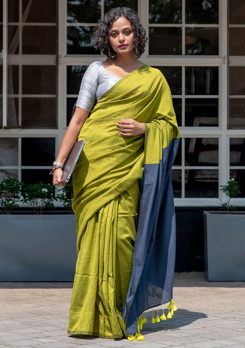 Green Weaving Khadi Cotton Saree Set