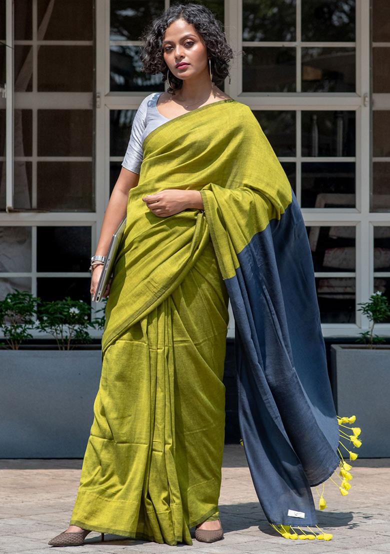 Green Weaving Khadi Cotton Saree Set