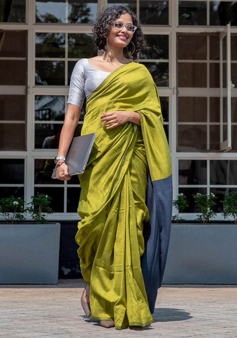 Green Weaving Khadi Cotton Saree Set