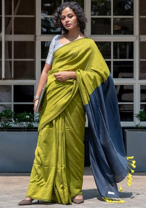Green Weaving Khadi Cotton Saree Set