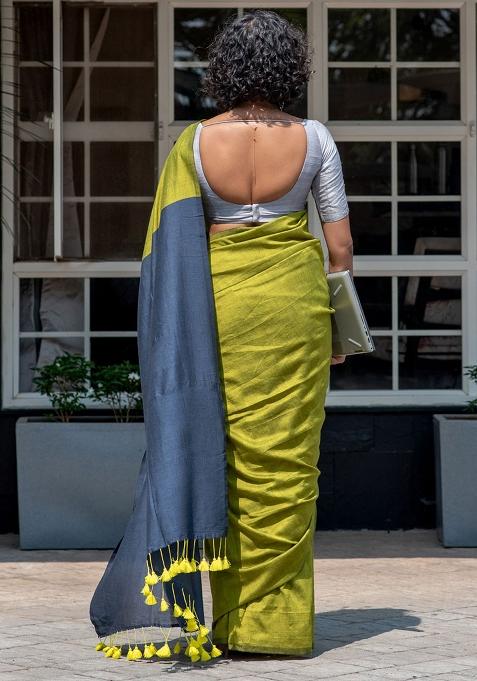 Green Weaving Khadi Cotton Saree Set