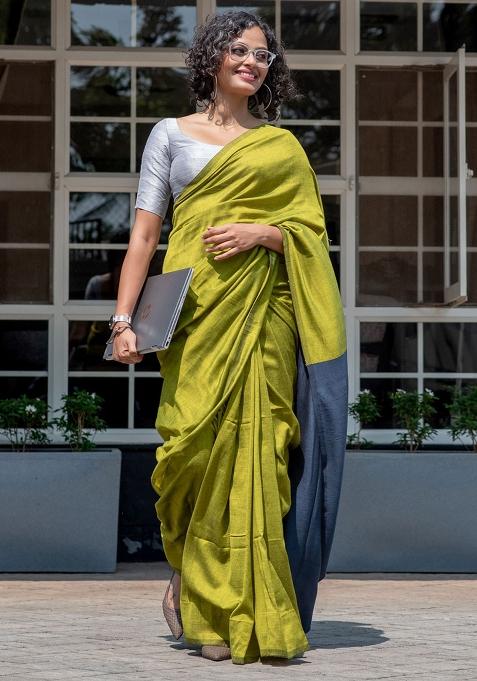 Green Weaving Khadi Cotton Saree Set