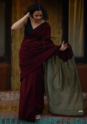 Maroon Weaving Khadi Cotton Saree Set