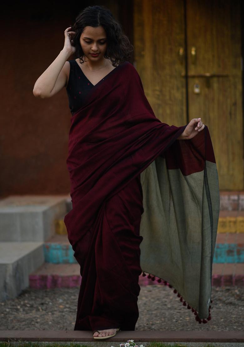 Maroon Weaving Khadi Cotton Saree Set