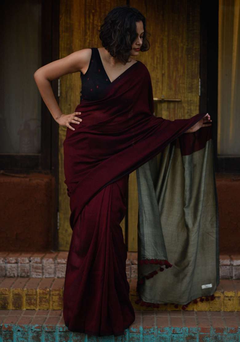 Maroon Weaving Khadi Cotton Saree Set for Diwali and Festive Wear - Indya