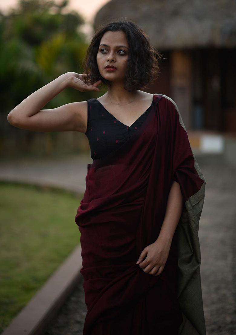 Maroon Weaving Khadi Cotton Saree Set