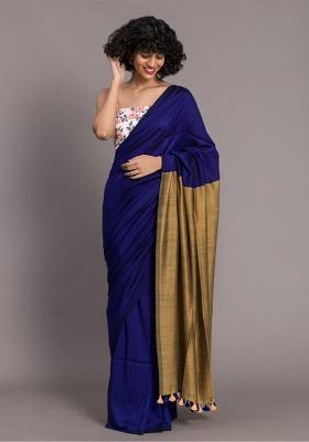 Navy Blue Weaving Khadi Cotton Saree Set