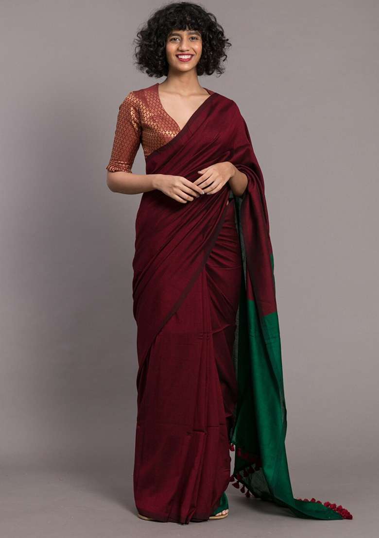 Maroon Weaving Khadi Cotton Saree Set for Diwali and Festive Wear - Indya