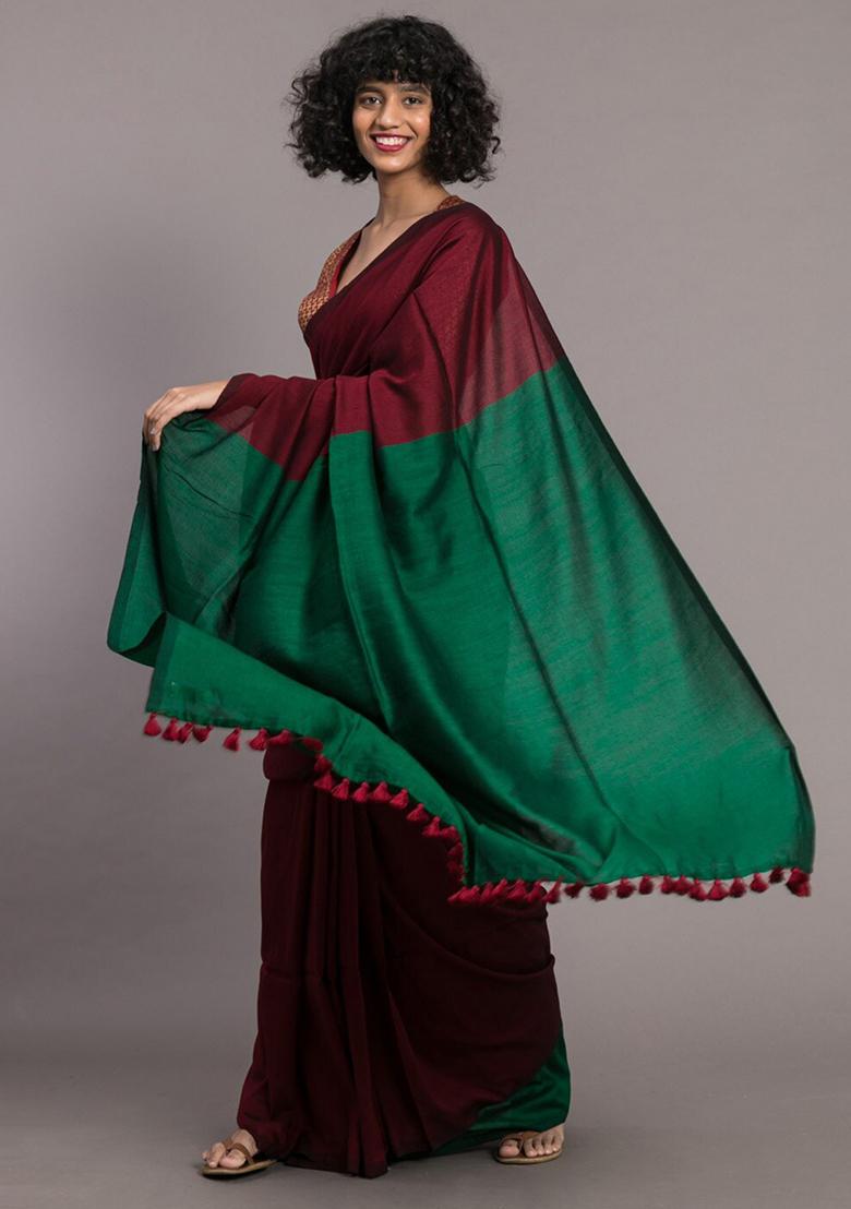 Maroon Weaving Khadi Cotton Saree Set