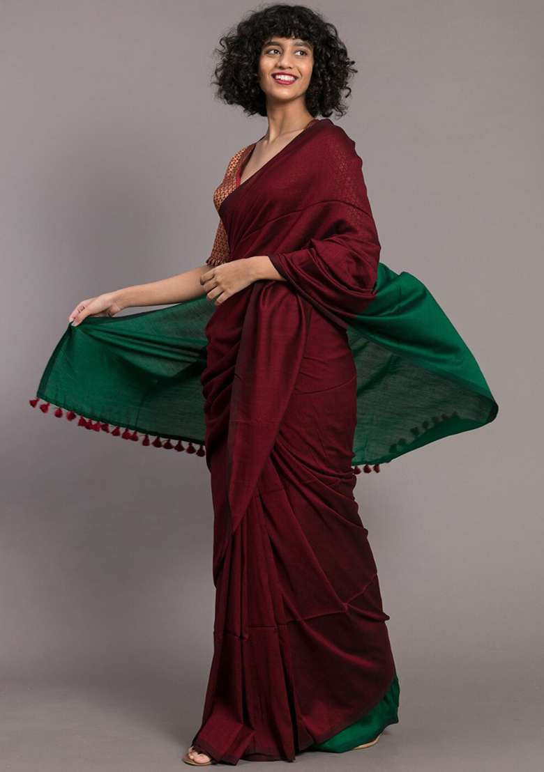 Maroon Weaving Khadi Cotton Saree Set for Diwali and Festive Wear - Indya