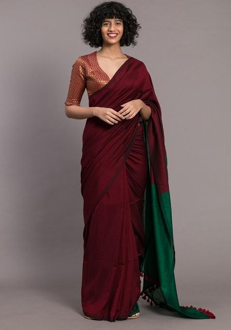 Maroon Weaving Khadi Cotton Saree Set