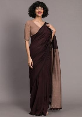 Brown Weaving Khadi Cotton Saree Set