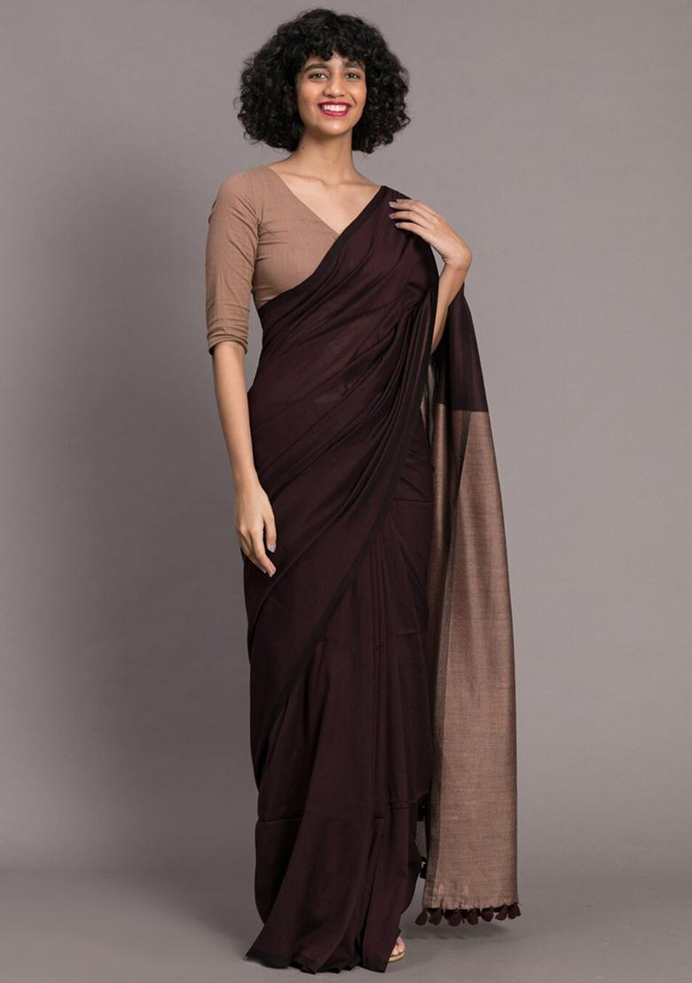 Brown Weaving Khadi Cotton Saree Set