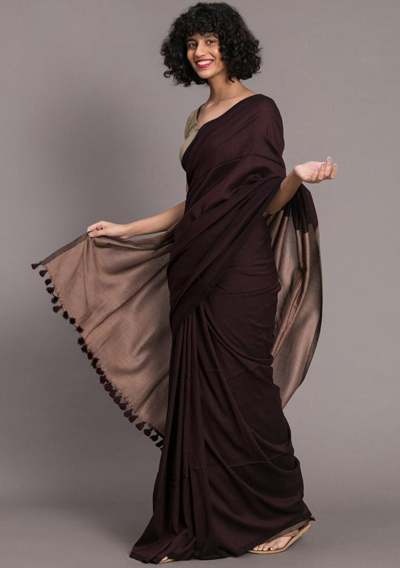 Brown Weaving Khadi Cotton Saree Set