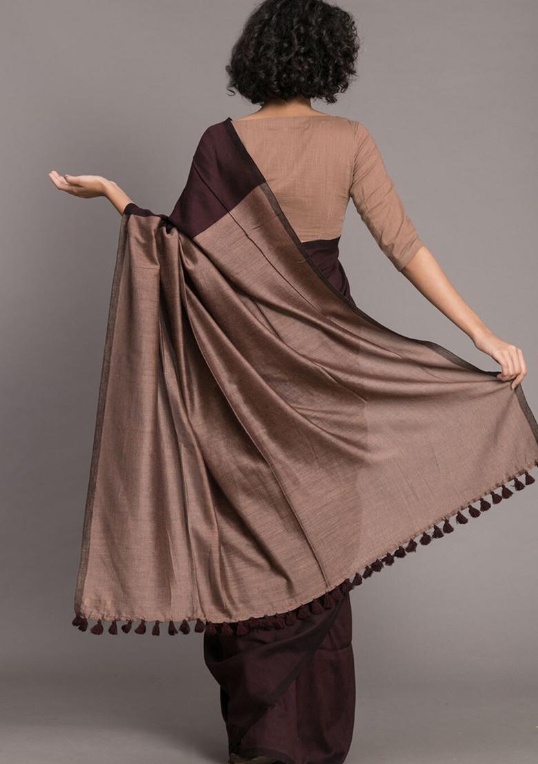 Brown Weaving Khadi Cotton Saree Set