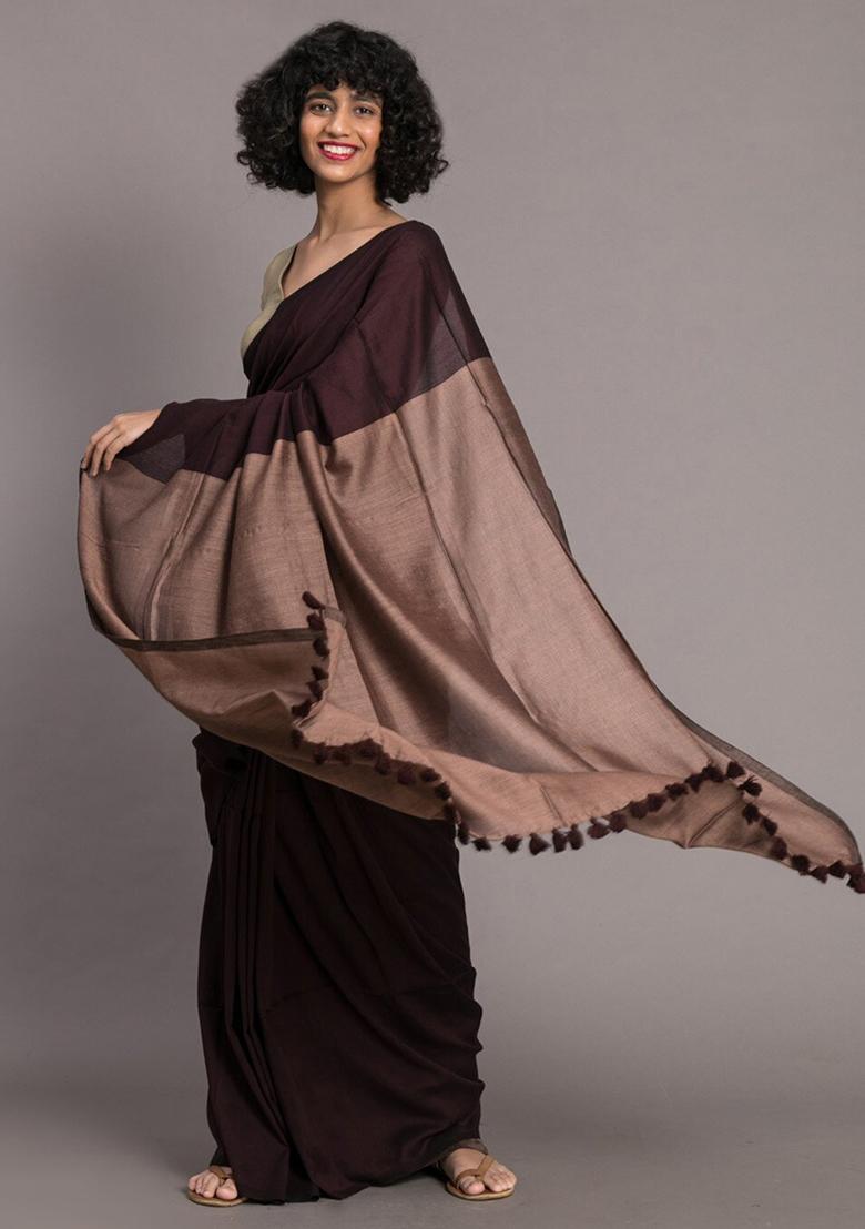 Brown Weaving Khadi Cotton Saree Set