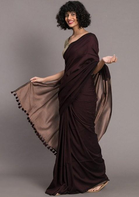 Brown Weaving Khadi Cotton Saree Set