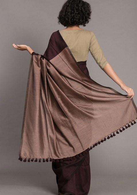 Brown Weaving Khadi Cotton Saree Set