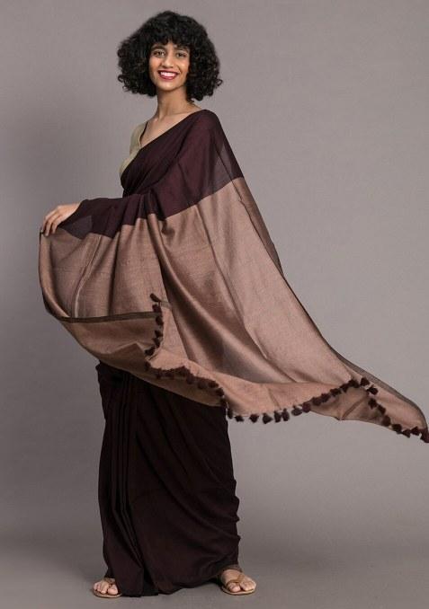 Brown Weaving Khadi Cotton Saree Set